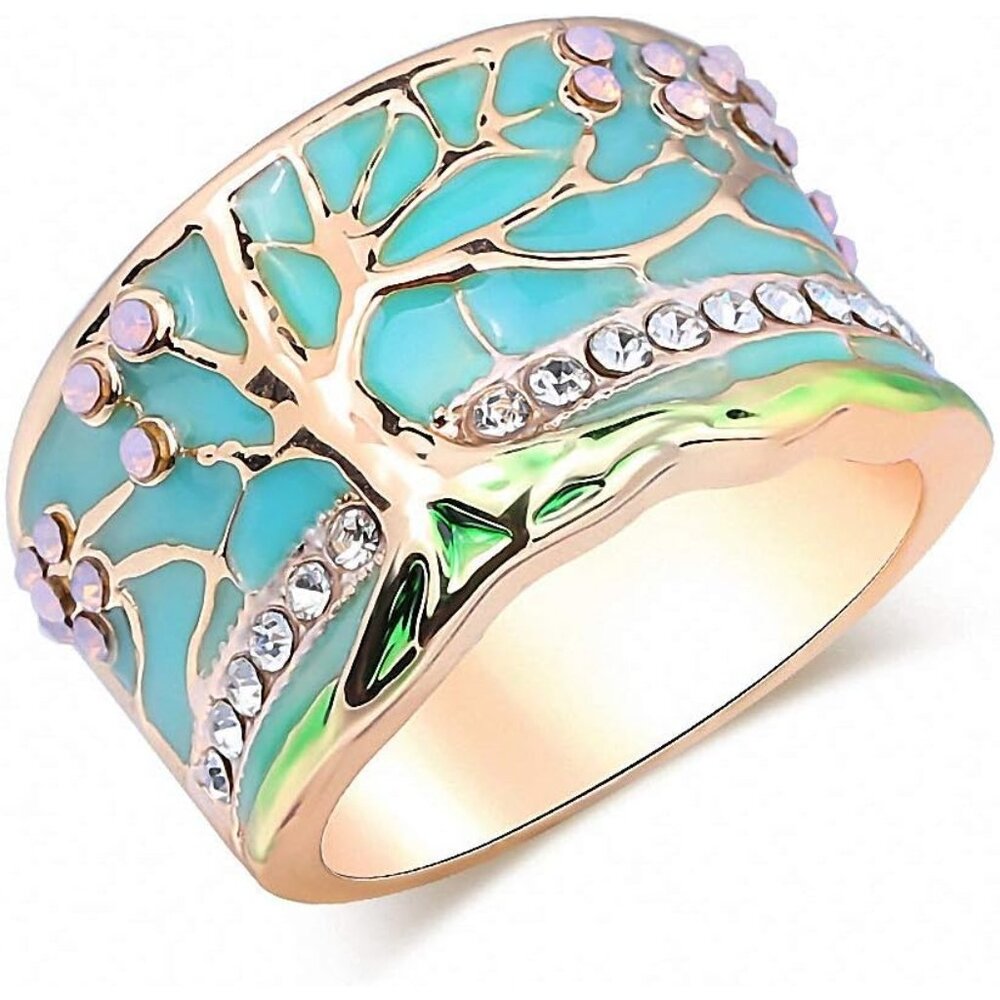 Lucky Flower Tree Rings Gold Pink Opal Green Enamel Wide Ring for Woman Party Cr